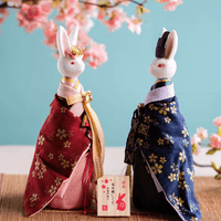 Rin Essense white rabbit dolls dressed in traditional kimonos, a unique Japanese home decor present
