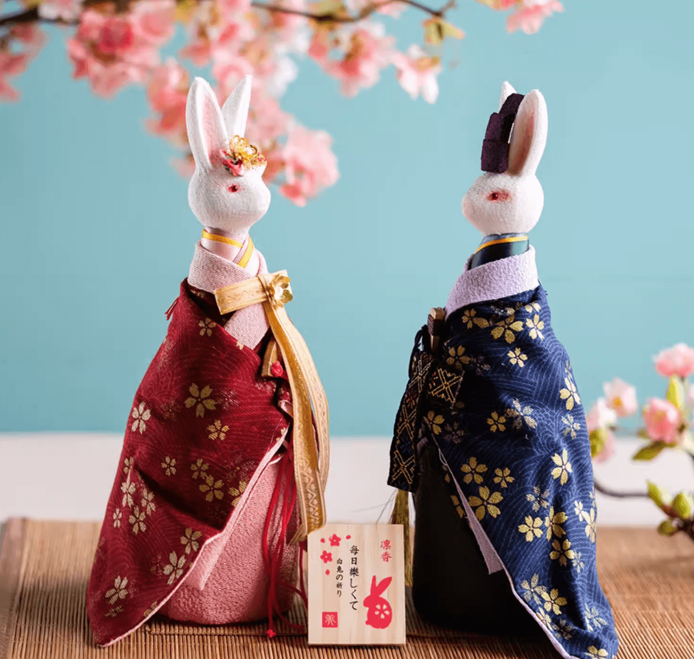 Rin Essense white rabbit dolls dressed in traditional kimonos, a unique Japanese home decor present