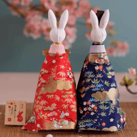 Rin Essense decorative bunny dolls dressed in traditional red and blue floral kimonos with gold accents