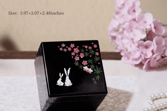 Rin Essense black lacquered box with pink cherry blossom and white rabbit design 3x3 inches
