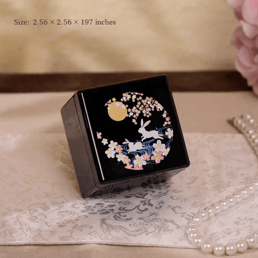 Rin Essense black lacquer jewelry box with cherry blossom and rabbit design under golden moon