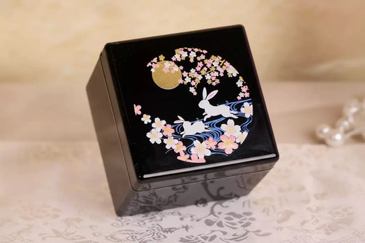 Rin Essense lacquered black jewelry box with floral and rabbit moon design on lid