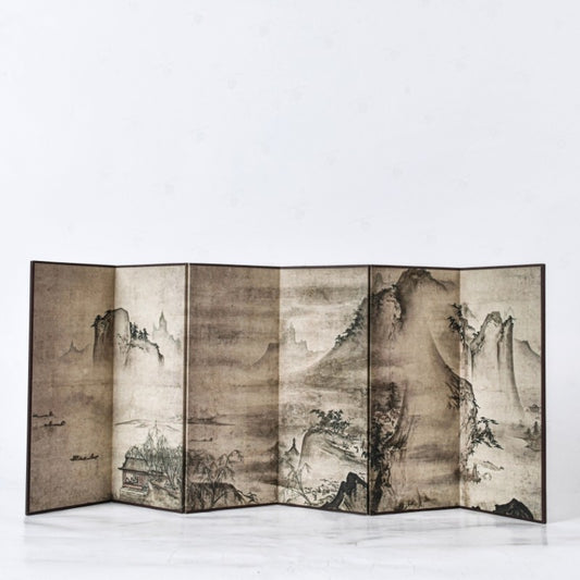 Rin Essense vintage style folding home decor screen with traditional mountain landscape painting