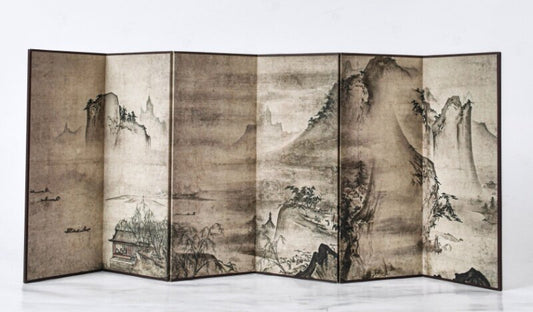 Rin Essense vintage-style folding home decor screen featuring traditional mountain landscape painting