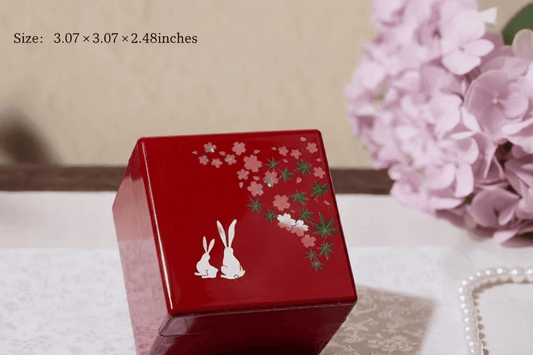 Rin Essense red lacquered decorative box with white rabbits and cherry blossom design