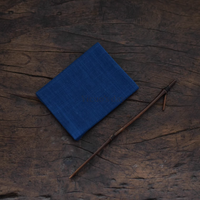 Japanese Indigo Tea Cloth – Hand-Dyed Cotton Linen folded on rustic wooden surface with a thin wooden stick