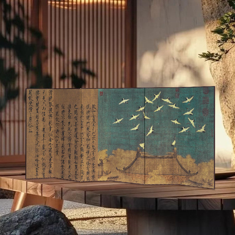 Rin Essense folding screen style home decor with traditional birds and calligraphy design