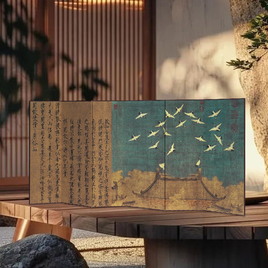 Rin Essense folding screen style home decor with traditional birds and calligraphy design