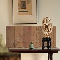 Rin Essense folding screen style home decor with traditional Chinese painting and natural rock sculpture on wooden table