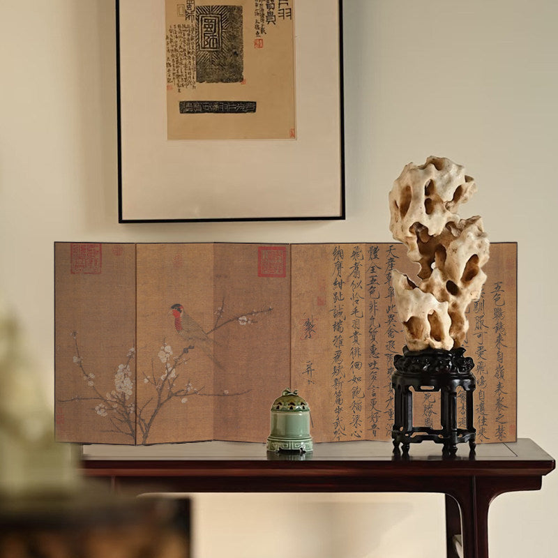 Rin Essense folding screen style home decor with traditional Chinese painting and natural rock sculpture on wooden table
