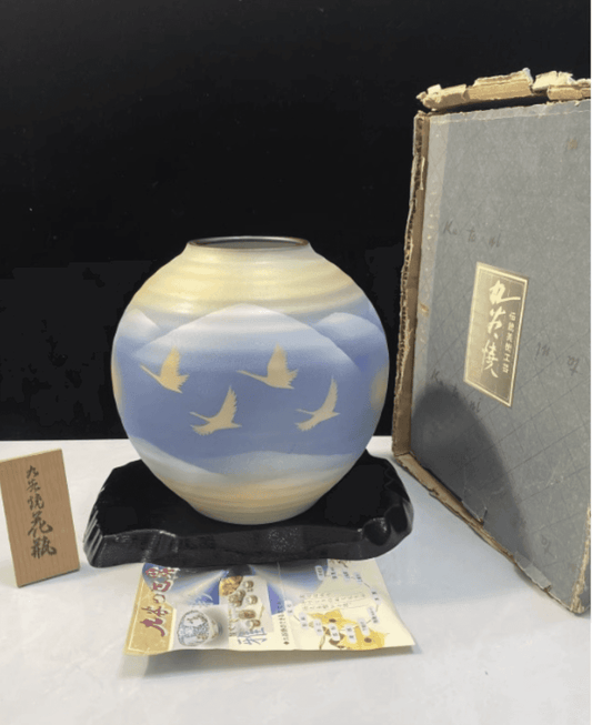 Rin Essense collectible art blue and cream vase with flying birds design Japanese pottery