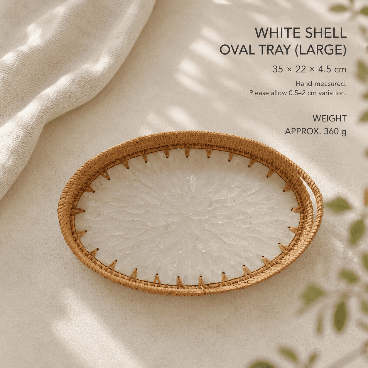 RIN ESSENCE white shell oval tray with mother of pearl nacre center and woven rattan edge