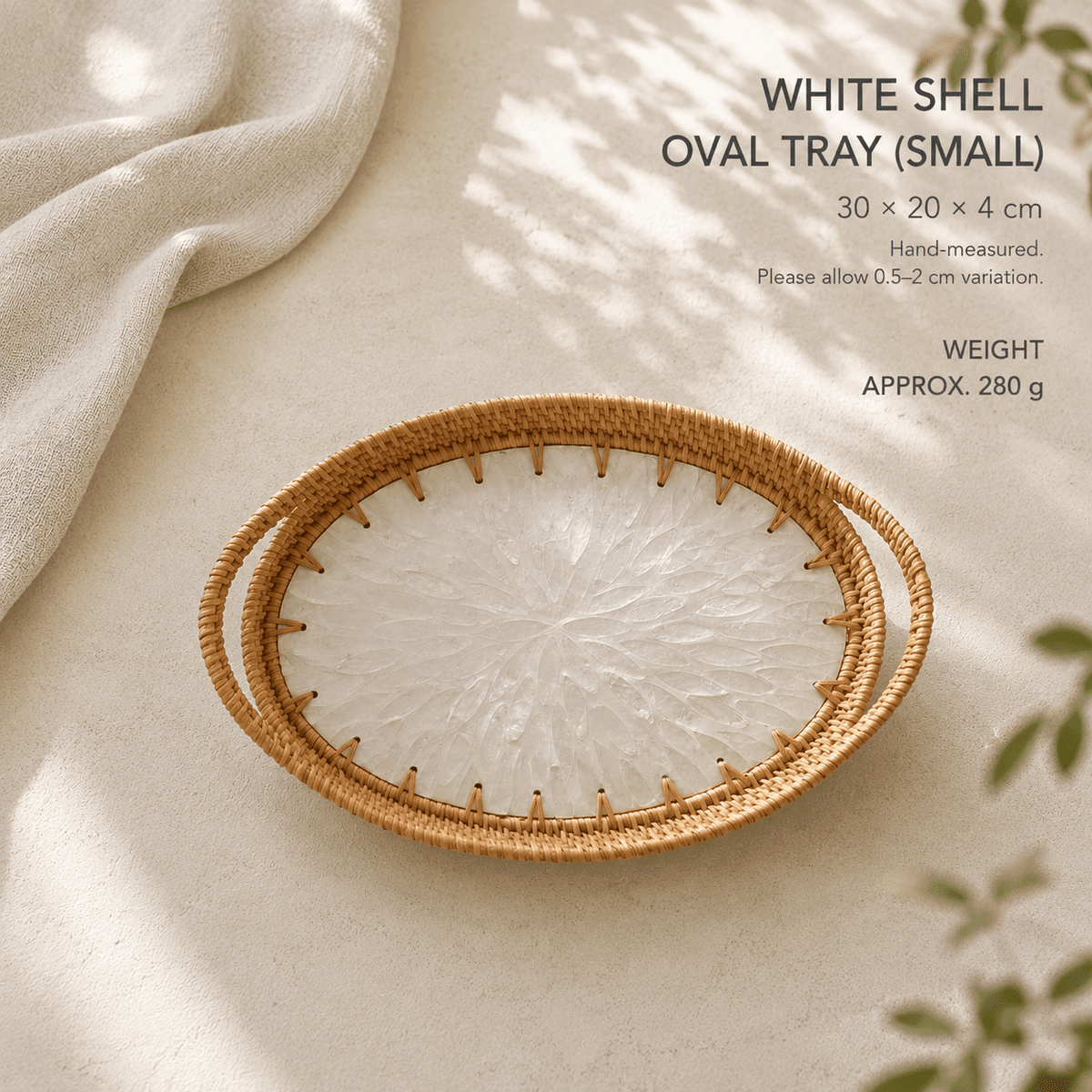 RIN ESSENCE white shell oval tray with mother of pearl nacre center and woven edge handles