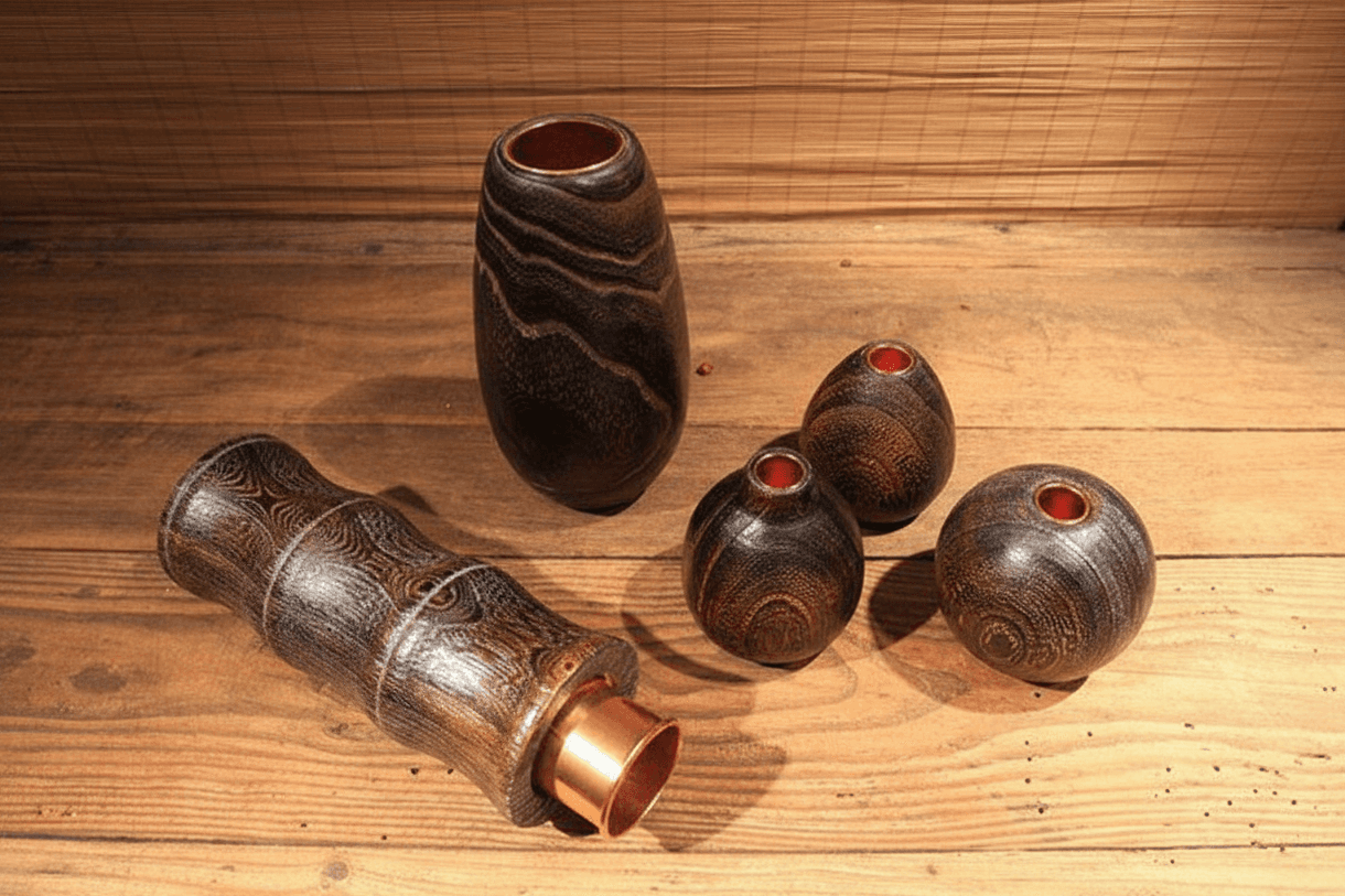 Rin Essense wood vase collection featuring dark textured wooden designs for home décor