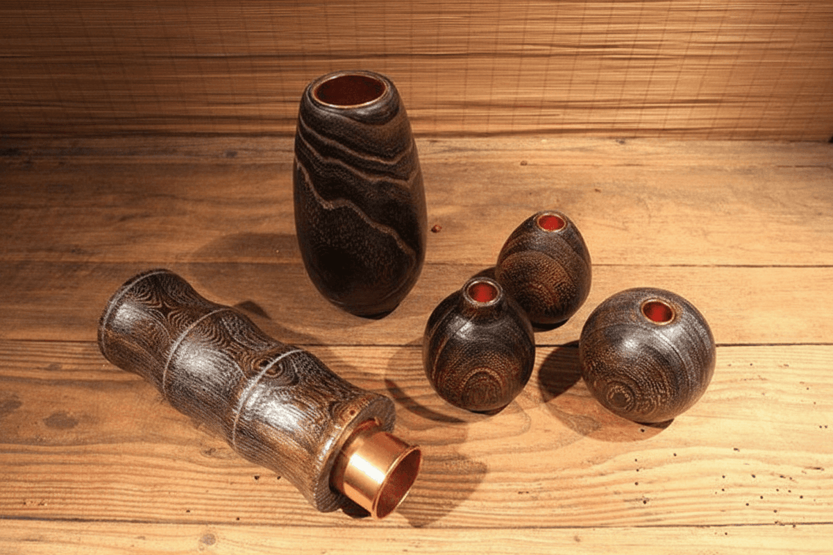 Rin Essense wood vase collection featuring dark textured wooden designs for home décor