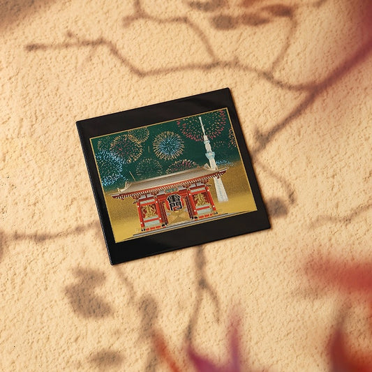 Yamanaka Lacquerware Makie Coaster – Timeless Japanese Craft featuring intricate traditional Japanese temple and fireworks design