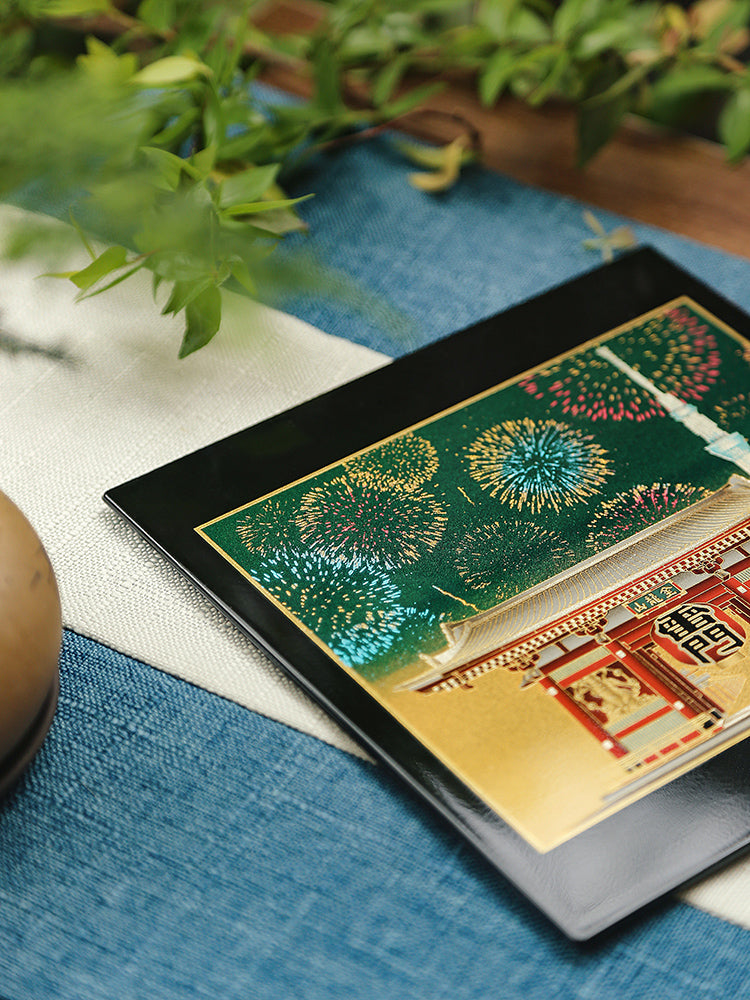 Yamanaka Lacquerware Makie Coaster – Timeless Japanese Craft with intricate fireworks and temple design
