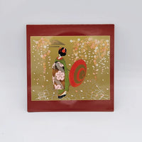 Yamanaka Lacquerware Makie Coaster – Timeless Japanese Craft featuring traditional geisha and cherry blossom design