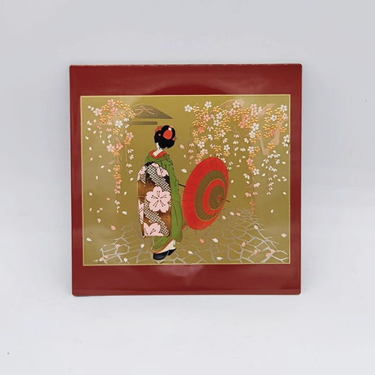 Yamanaka Lacquerware Makie Coaster – Timeless Japanese Craft featuring traditional geisha and cherry blossom design