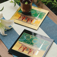 Yamanaka Lacquerware Makie Coaster – Timeless Japanese Craft with detailed temple and fireworks design in gold and green