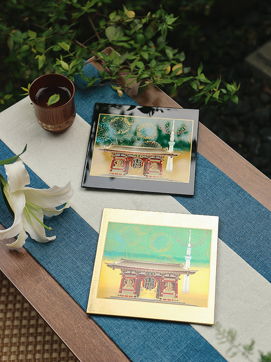 Yamanaka Lacquerware Makie Coaster – Timeless Japanese Craft featuring traditional temple design with gold accents on a table