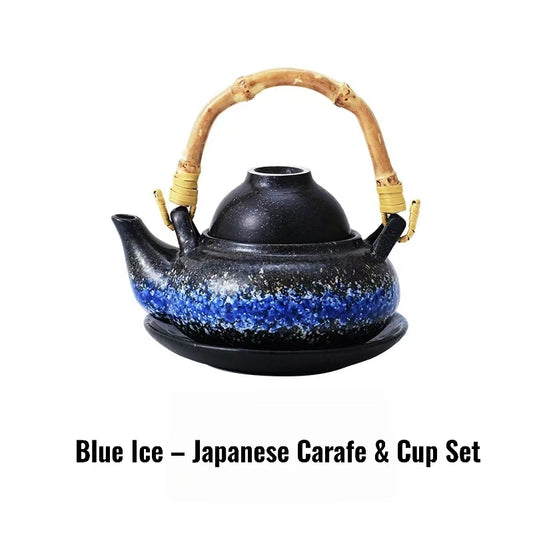 Kokoro ceramic tea set Rin Essense Blue Ice Japanese carafe and cup with bamboo handle and speckled blue glaze