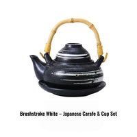 Kokoro ceramic tea set black brushstroke teapot with bamboo handle and matching saucer for Japanese tea service