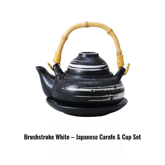 Kokoro ceramic tea set black brushstroke teapot with bamboo handle and matching saucer for Japanese tea service
