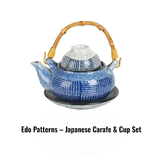 Kokoro ceramic tea set blue Edo patterned Japanese teapot with bamboo handle and matching cup and saucer
