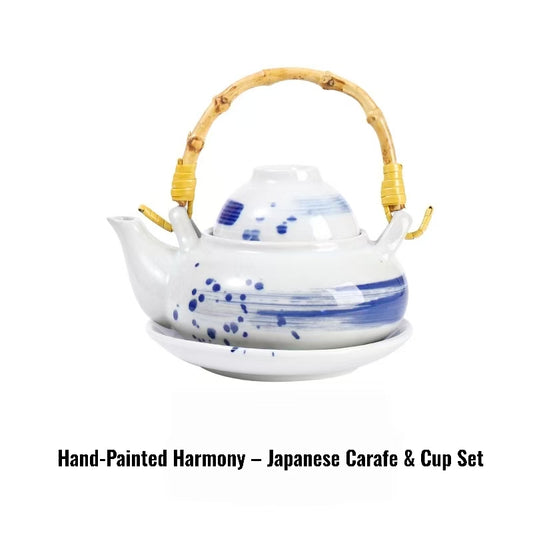 Kokoro ceramic tea set hand painted Japanese white teapot with blue brush strokes bamboo handle and saucer