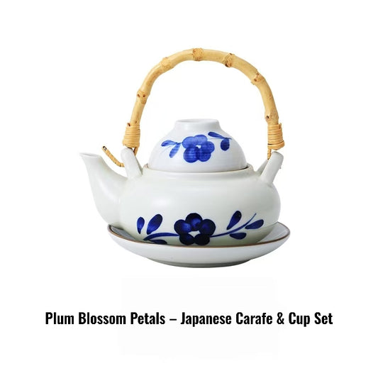 Rin Essense Kokoro ceramic tea set white porcelain teapot and cup with blue plum blossom design and bamboo handle