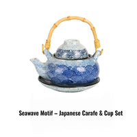 Kokoro ceramic tea set blue seawave motif Japanese teapot with bamboo handle and matching cup on saucer