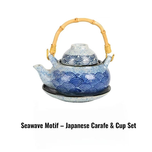 Kokoro ceramic tea set blue seawave motif Japanese teapot with bamboo handle and matching cup on saucer